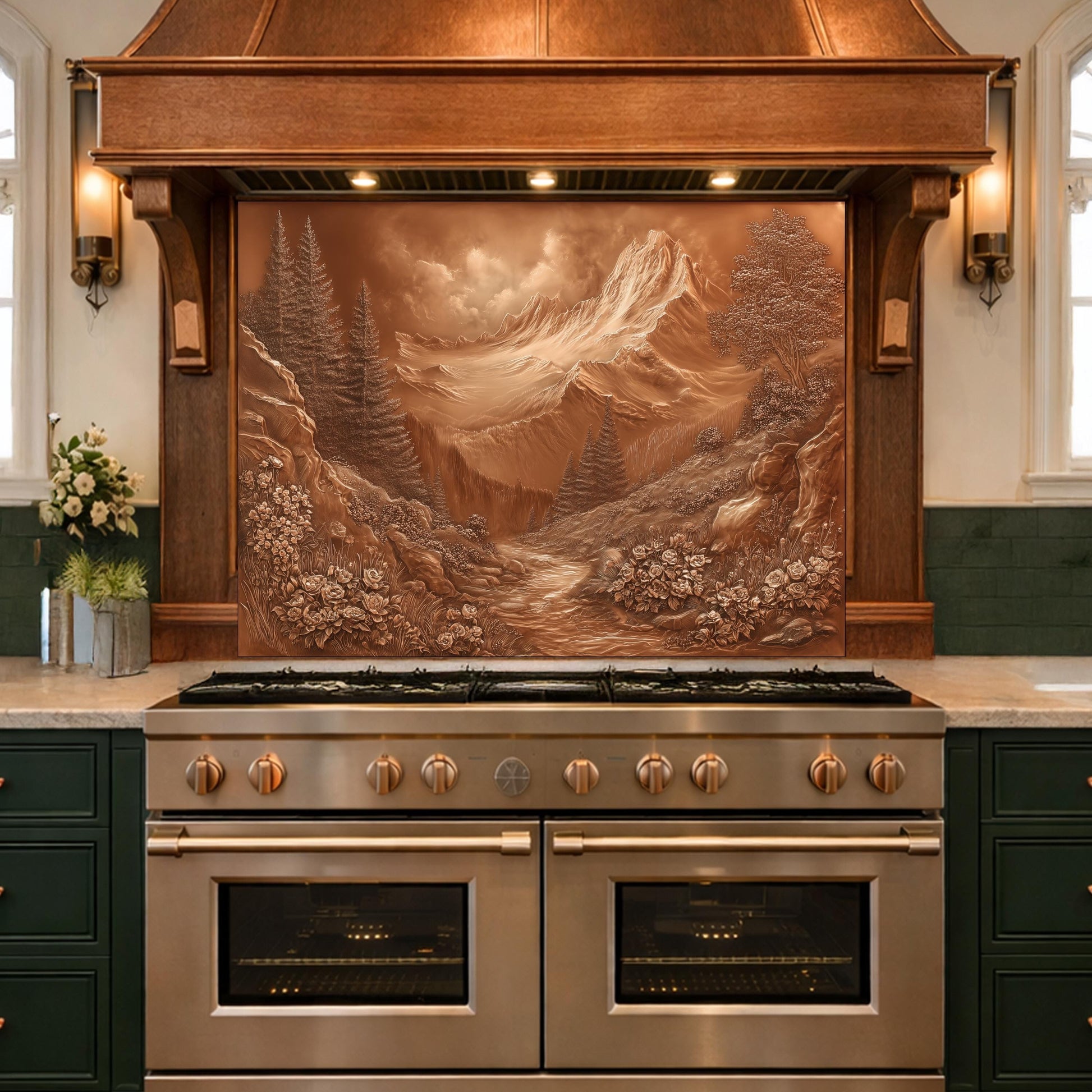 Alpine Peak Tempered Glass Backsplash, Copper Look Mountain and Valley Wall Panel, Custom Size