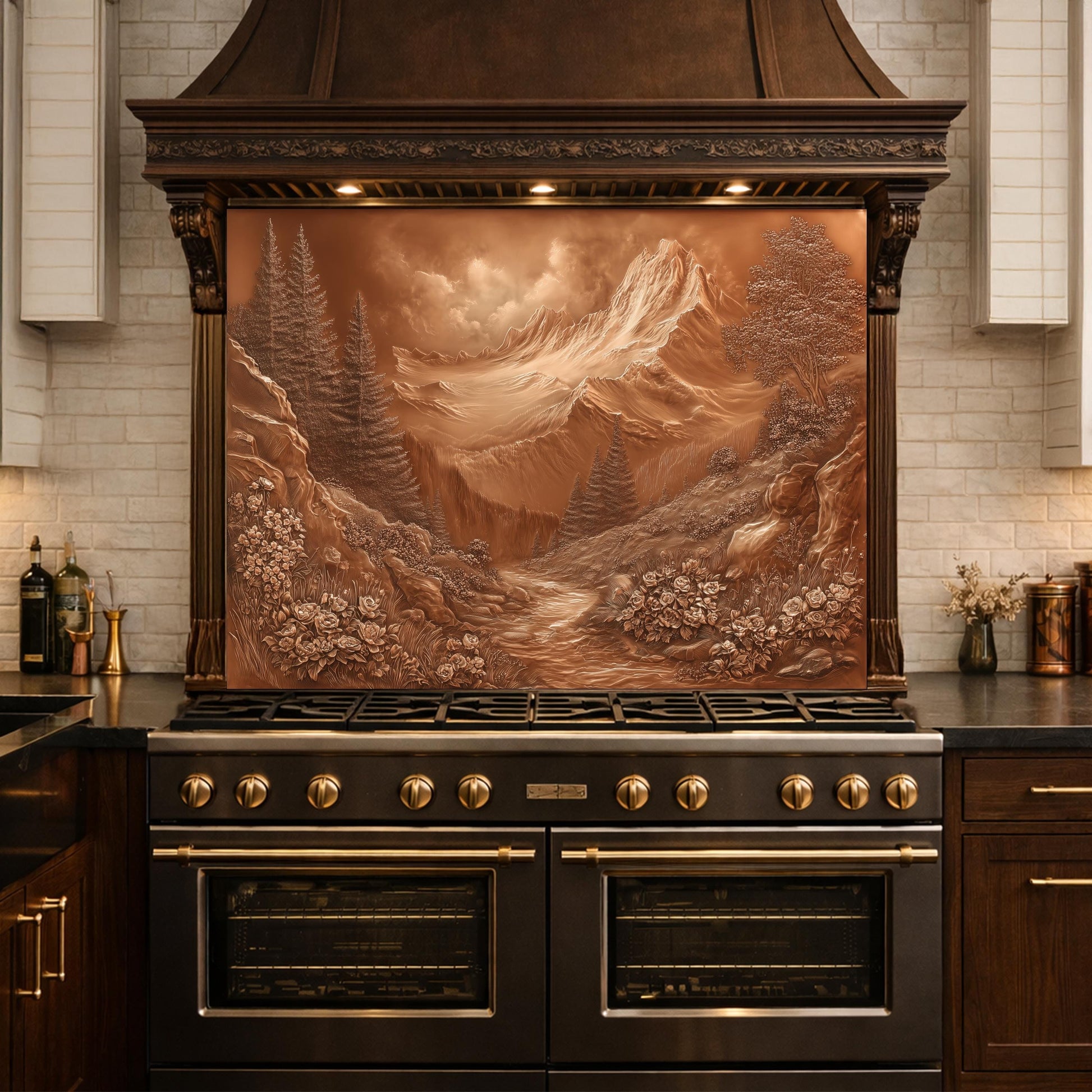 Alpine Peak Tempered Glass Backsplash, Copper Look Mountain and Valley Wall Panel, Custom Size