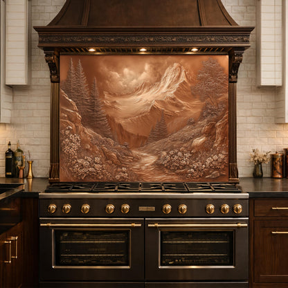 Alpine Peak Tempered Glass Backsplash, Copper Look Mountain and Valley Wall Panel, Custom Size