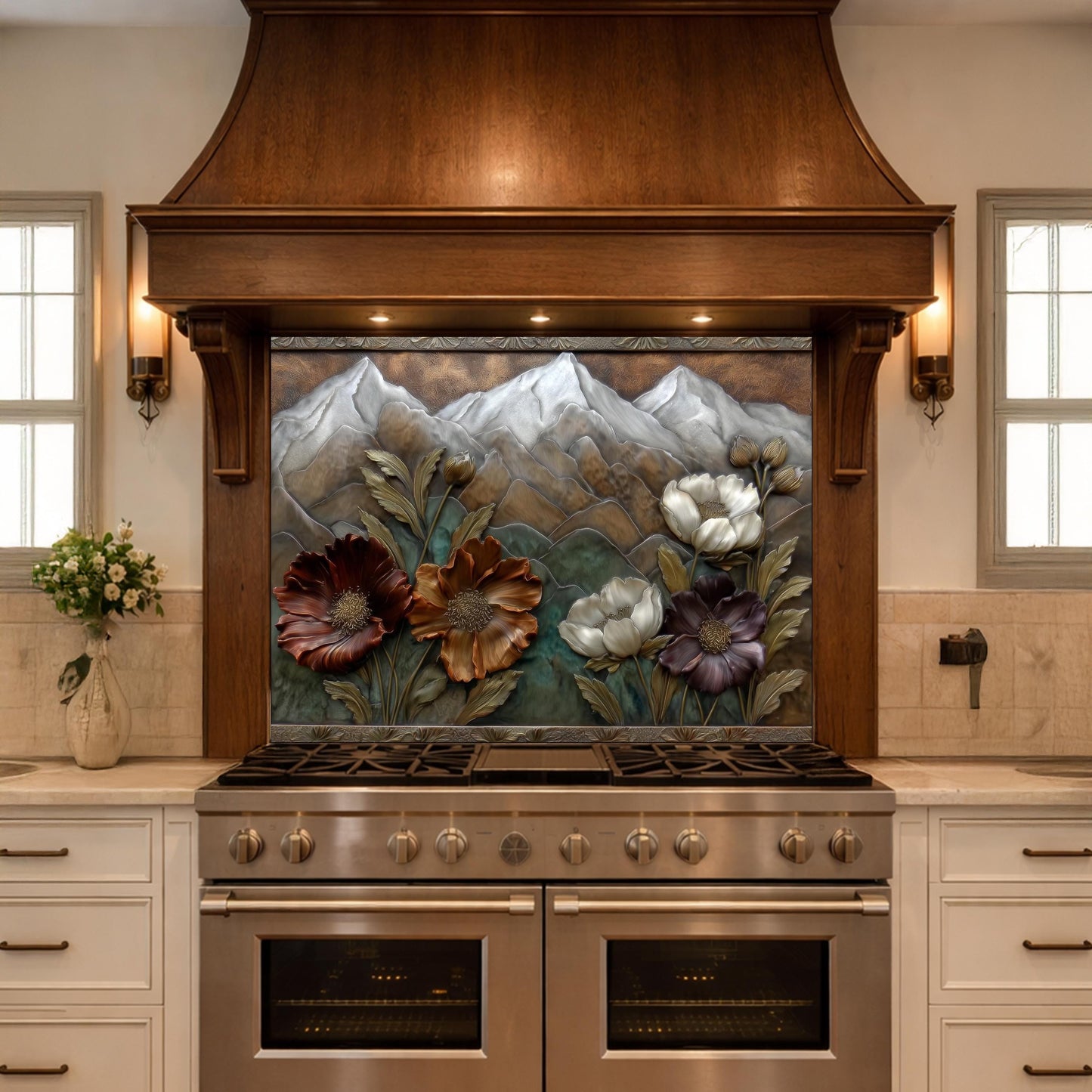 Alpine Blossom Tempered Glass Backsplash, Copper Look Mountain and Flower Wall Panel, Custom Size