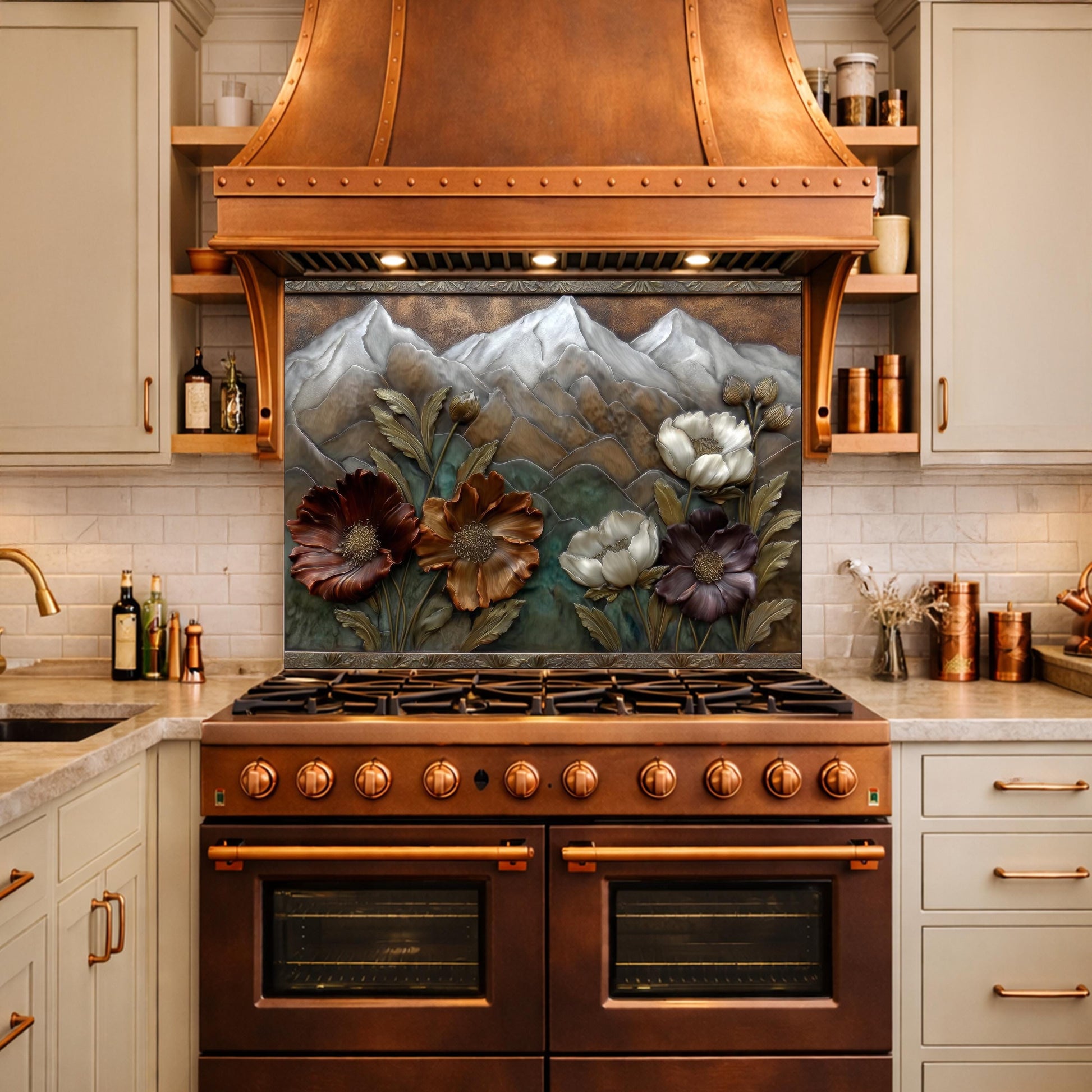 Alpine Blossom Tempered Glass Backsplash, Copper Look Mountain and Flower Wall Panel, Custom Size
