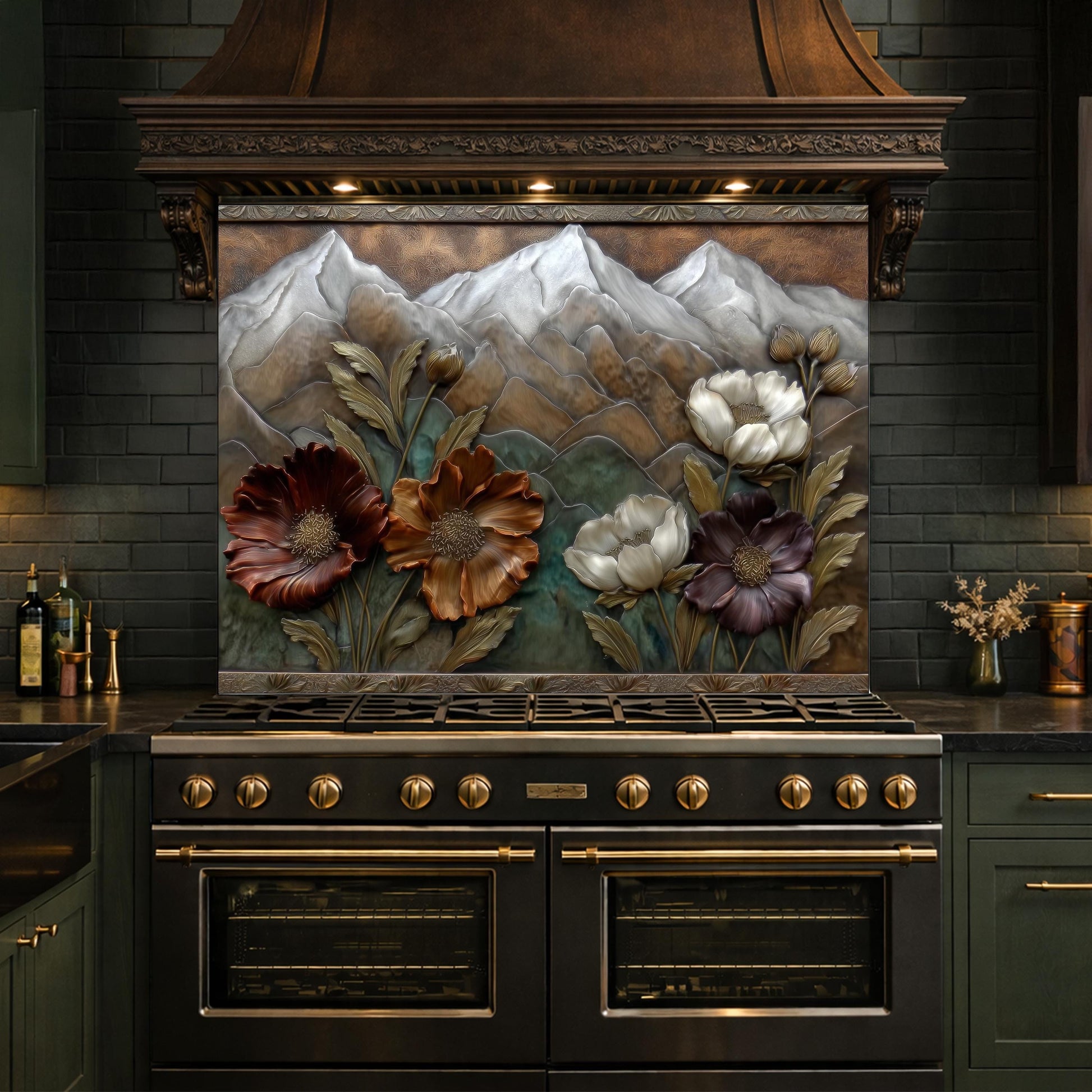 Alpine Blossom Tempered Glass Backsplash, Copper Look Mountain and Flower Wall Panel, Custom Size