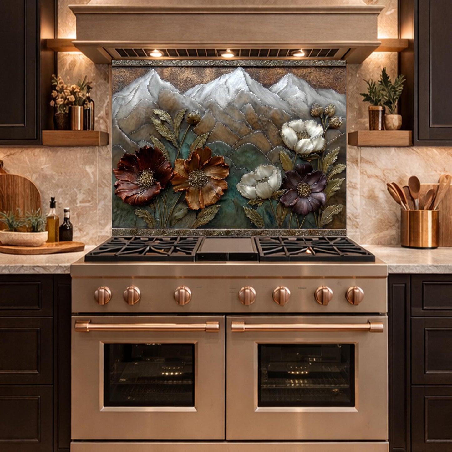 Alpine Blossom Tempered Glass Backsplash, Copper Look Mountain and Flower Wall Panel, Custom Size
