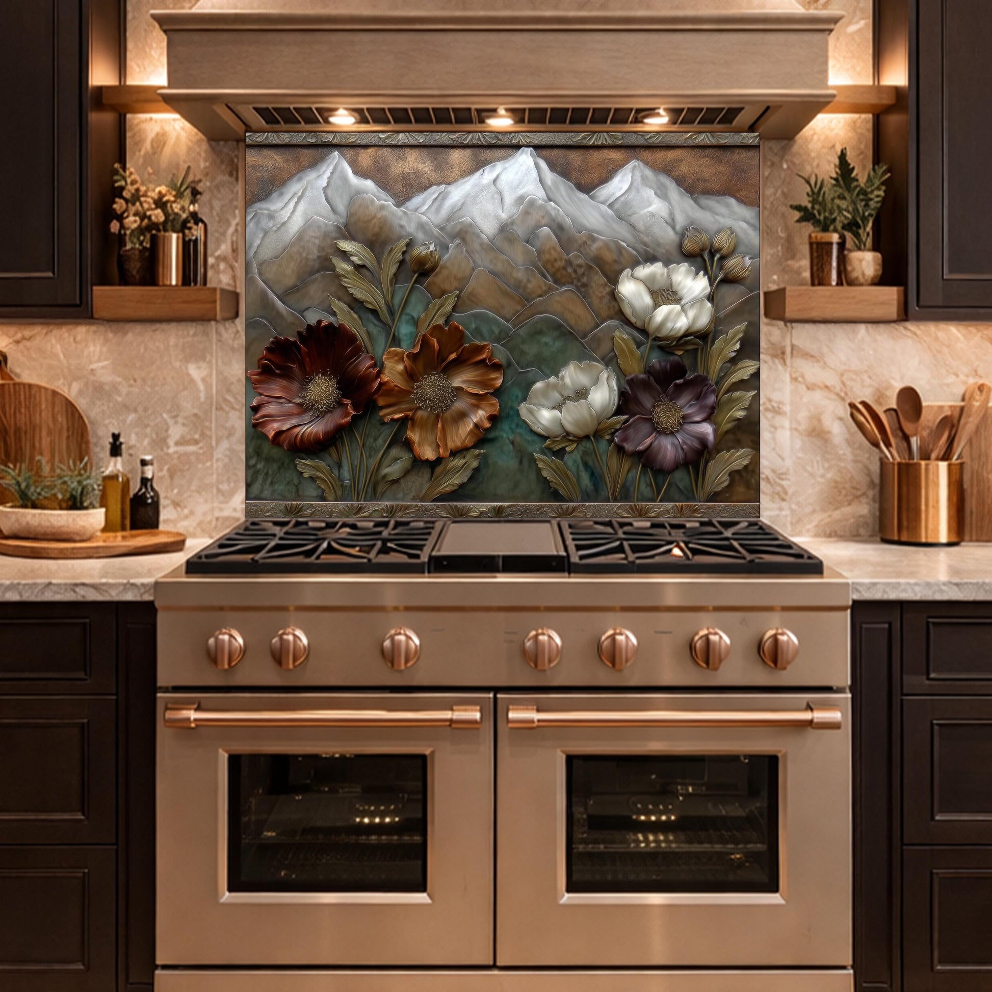 Alpine Blossom Tempered Glass Backsplash, Copper Look Mountain and Flower Wall Panel, Custom Size