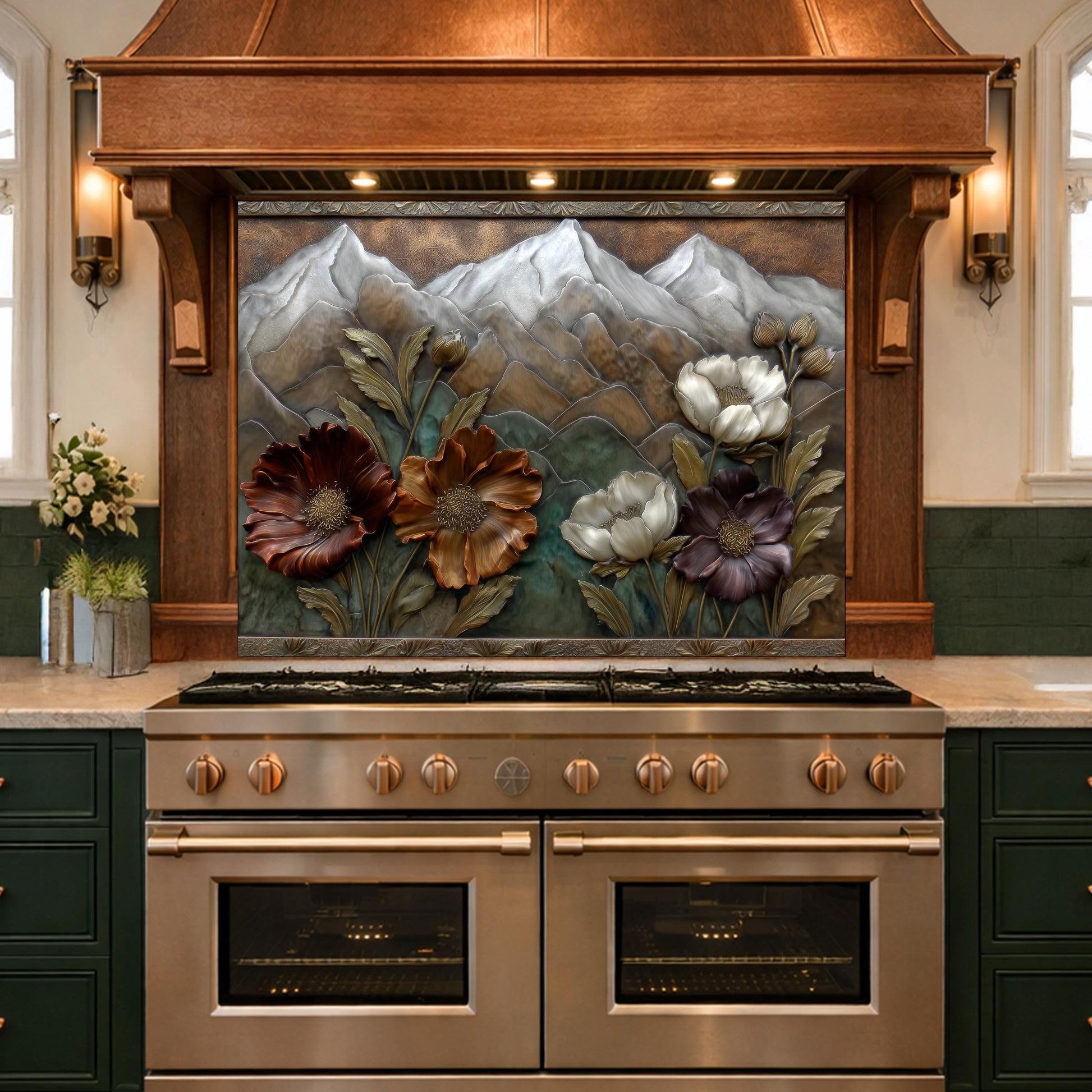 Alpine Blossom Tempered Glass Backsplash, Copper Look Mountain and Flower Wall Panel, Custom Size