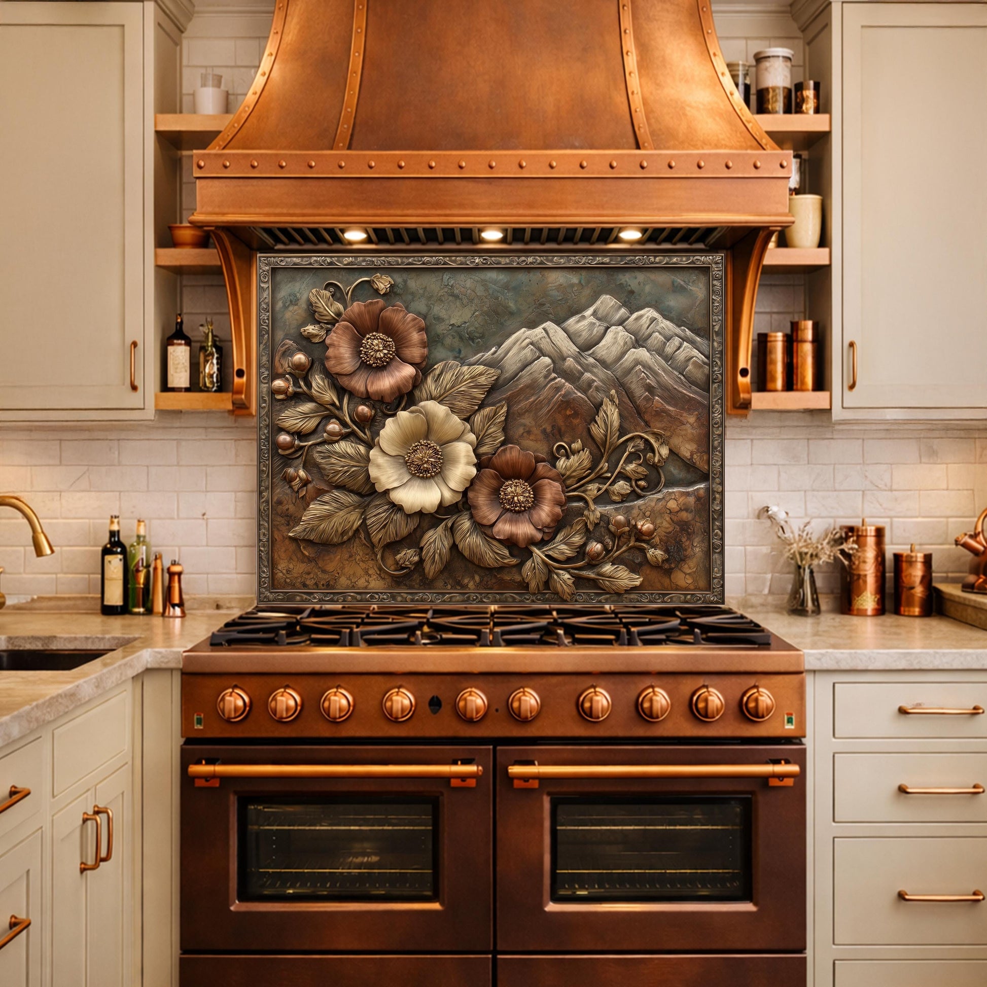 Alpine Peak Blossoms Backsplash, Copper Look Mountain and Flower Wall Panel, Custom Size