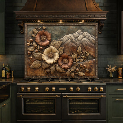 Alpine Peak Blossoms Backsplash, Copper Look Mountain and Flower Wall Panel, Custom Size