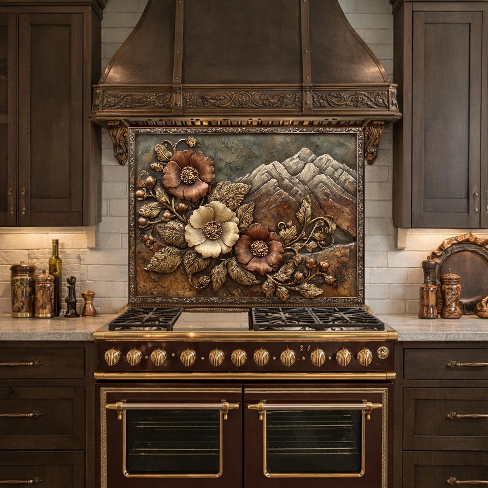 Alpine Peak Blossoms Backsplash, Copper Look Mountain and Flower Wall Panel, Custom Size