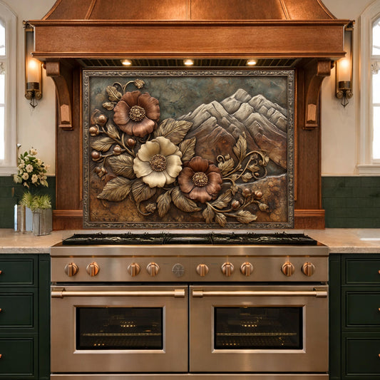 Alpine Peak Blossoms Backsplash, Copper Look Mountain and Flower Wall Panel, Custom Size