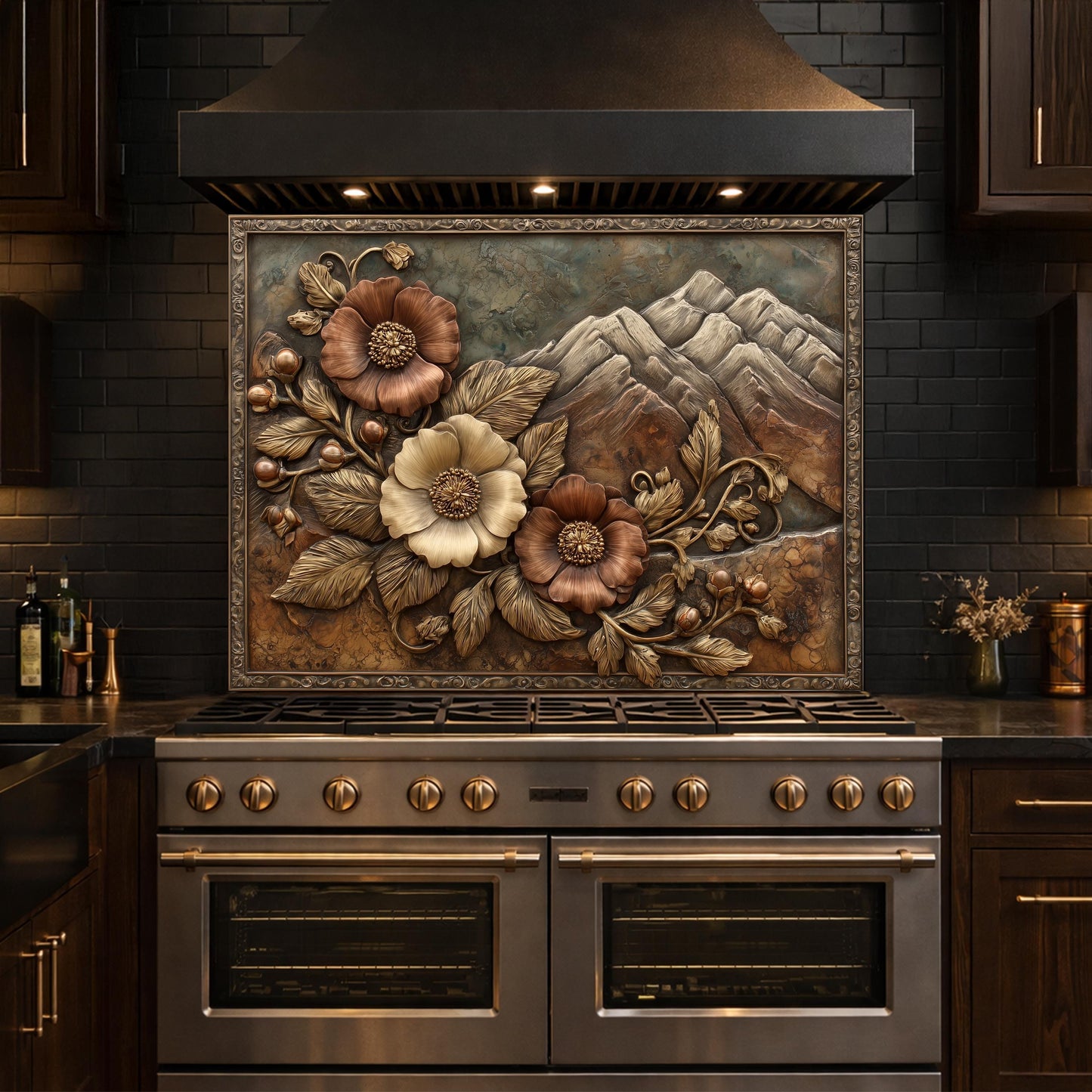 Alpine Peak Blossoms Backsplash, Copper Look Mountain and Flower Wall Panel, Custom Size