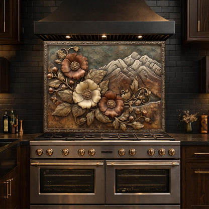 Alpine Peak Blossoms Backsplash, Copper Look Mountain and Flower Wall Panel, Custom Size