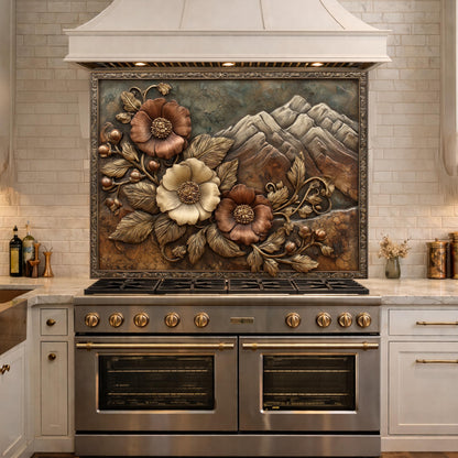 Alpine Peak Blossoms Backsplash, Copper Look Mountain and Flower Wall Panel, Custom Size