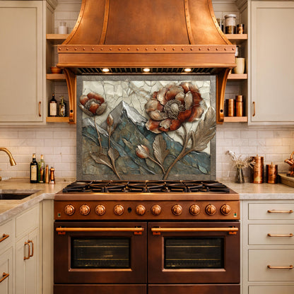 Alpine Peak Blossoms Backsplash, Copper Look Mountain and Flower Wall Panel, Custom Size