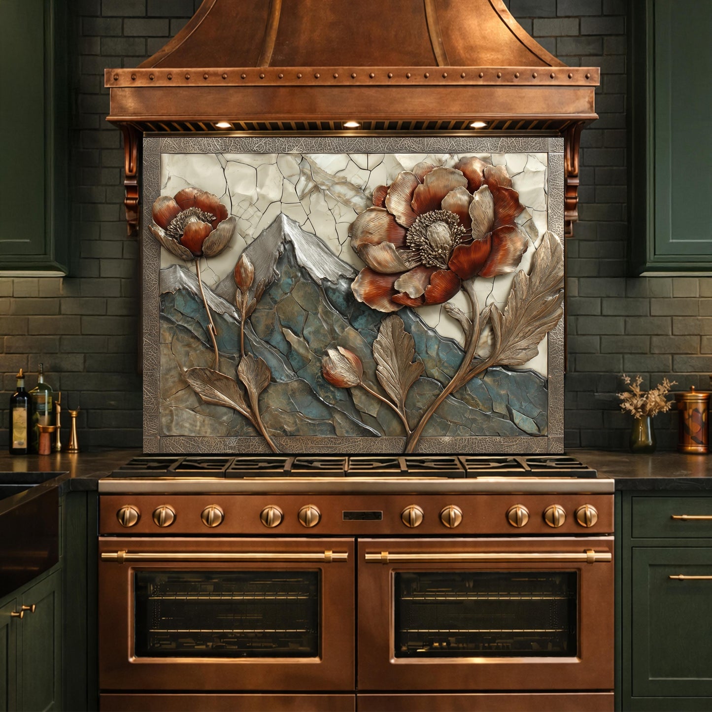 Alpine Peak Blossoms Backsplash, Copper Look Mountain and Flower Wall Panel, Custom Size