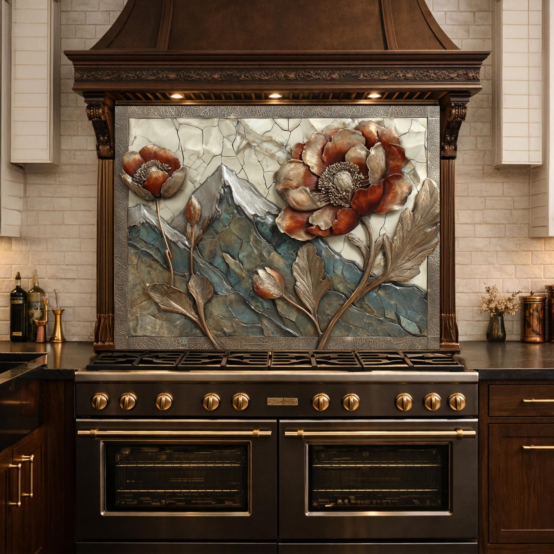 Alpine Peak Blossoms Backsplash, Copper Look Mountain and Flower Wall Panel, Custom Size