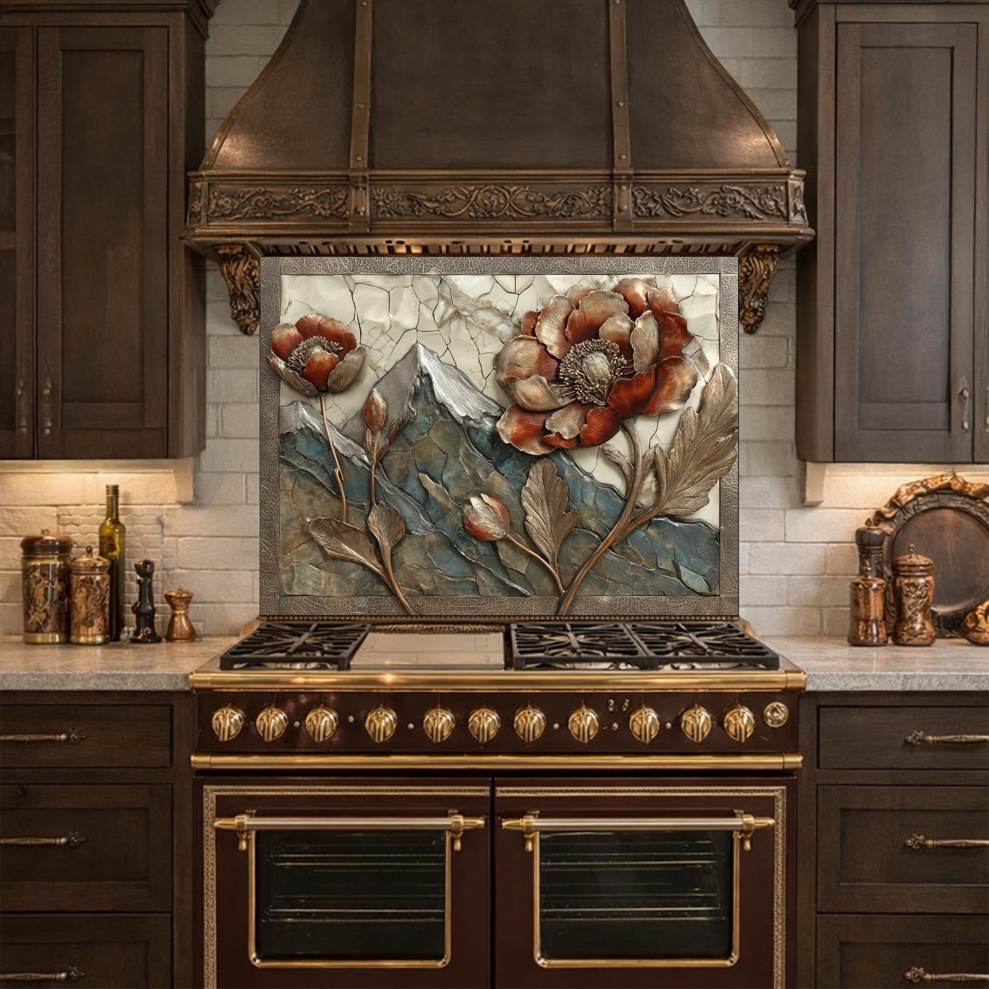 Alpine Peak Blossoms Backsplash, Copper Look Mountain and Flower Wall Panel, Custom Size