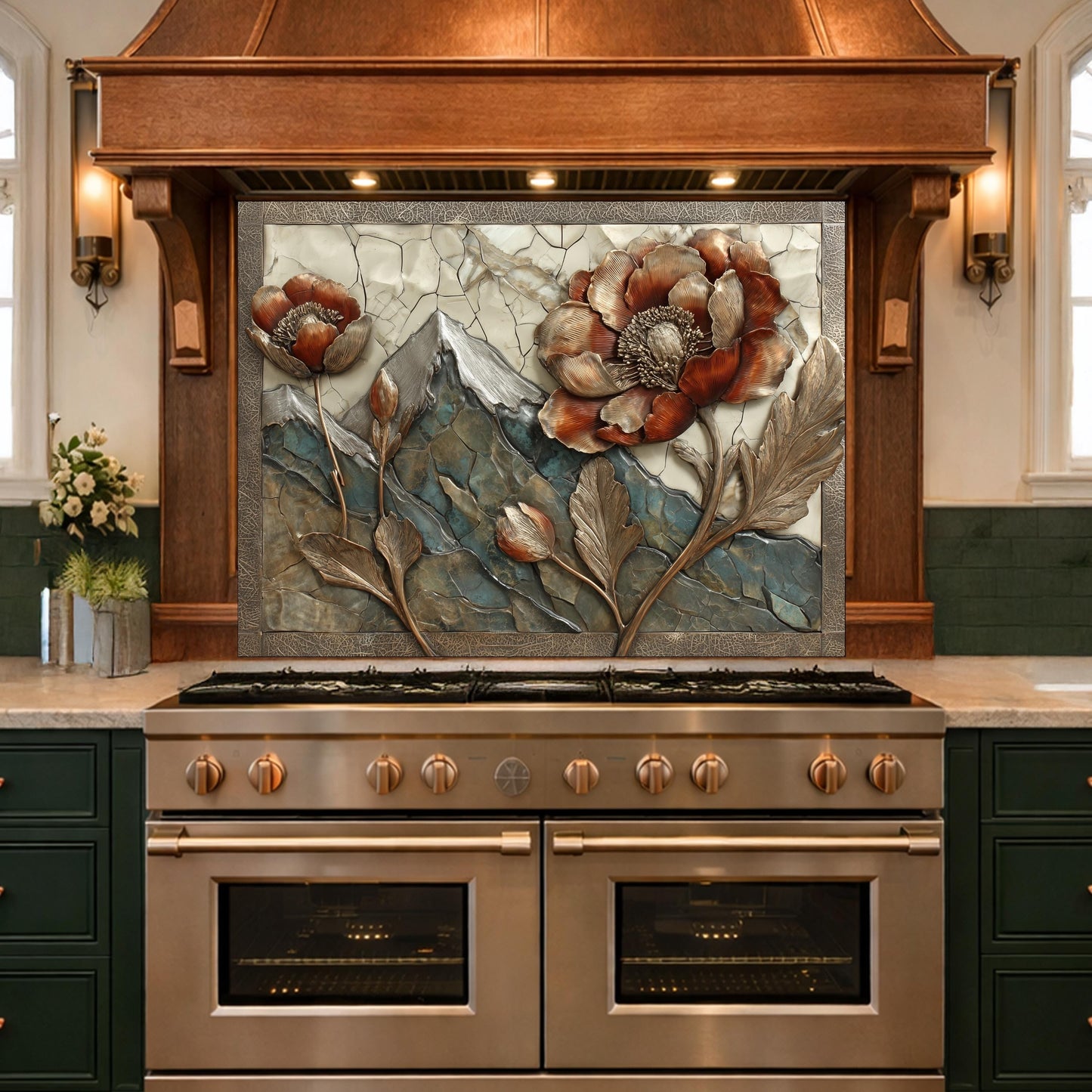 Alpine Peak Blossoms Backsplash, Copper Look Mountain and Flower Wall Panel, Custom Size