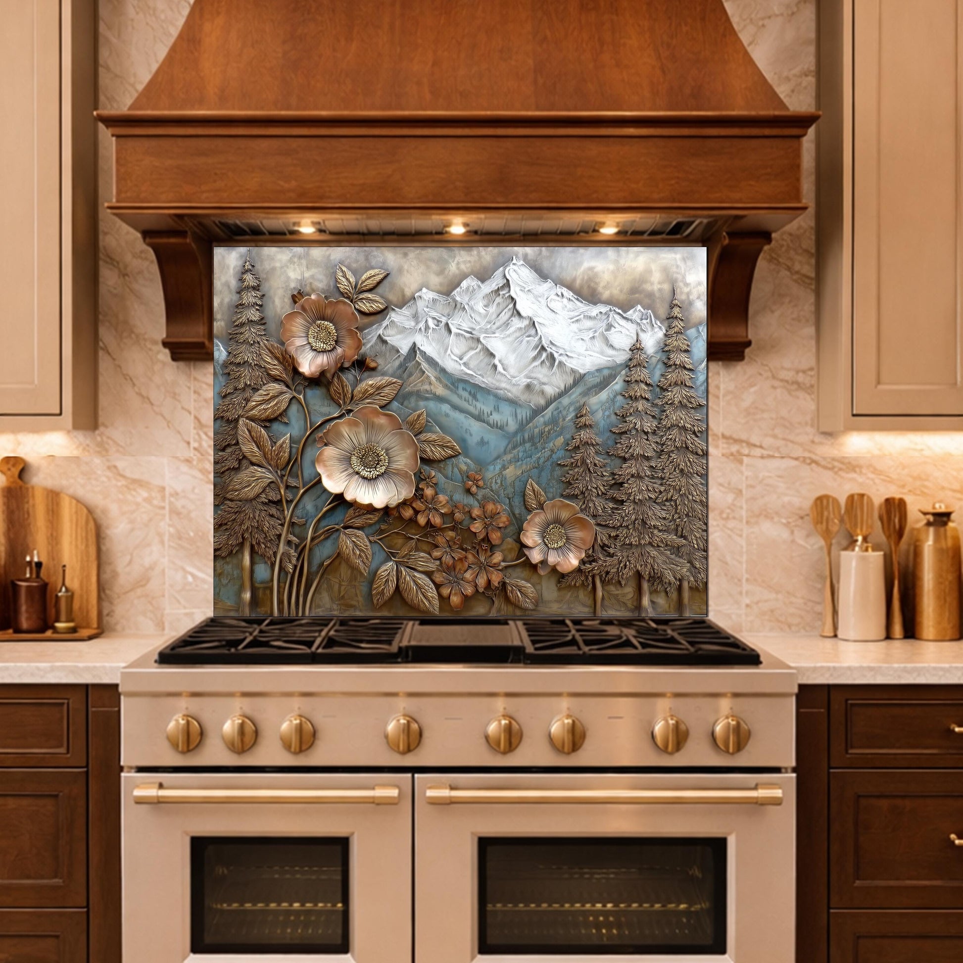 Alpine Peak Forest Backsplash, Copper Look Mountain and Flower Wall Panel, Custom Size