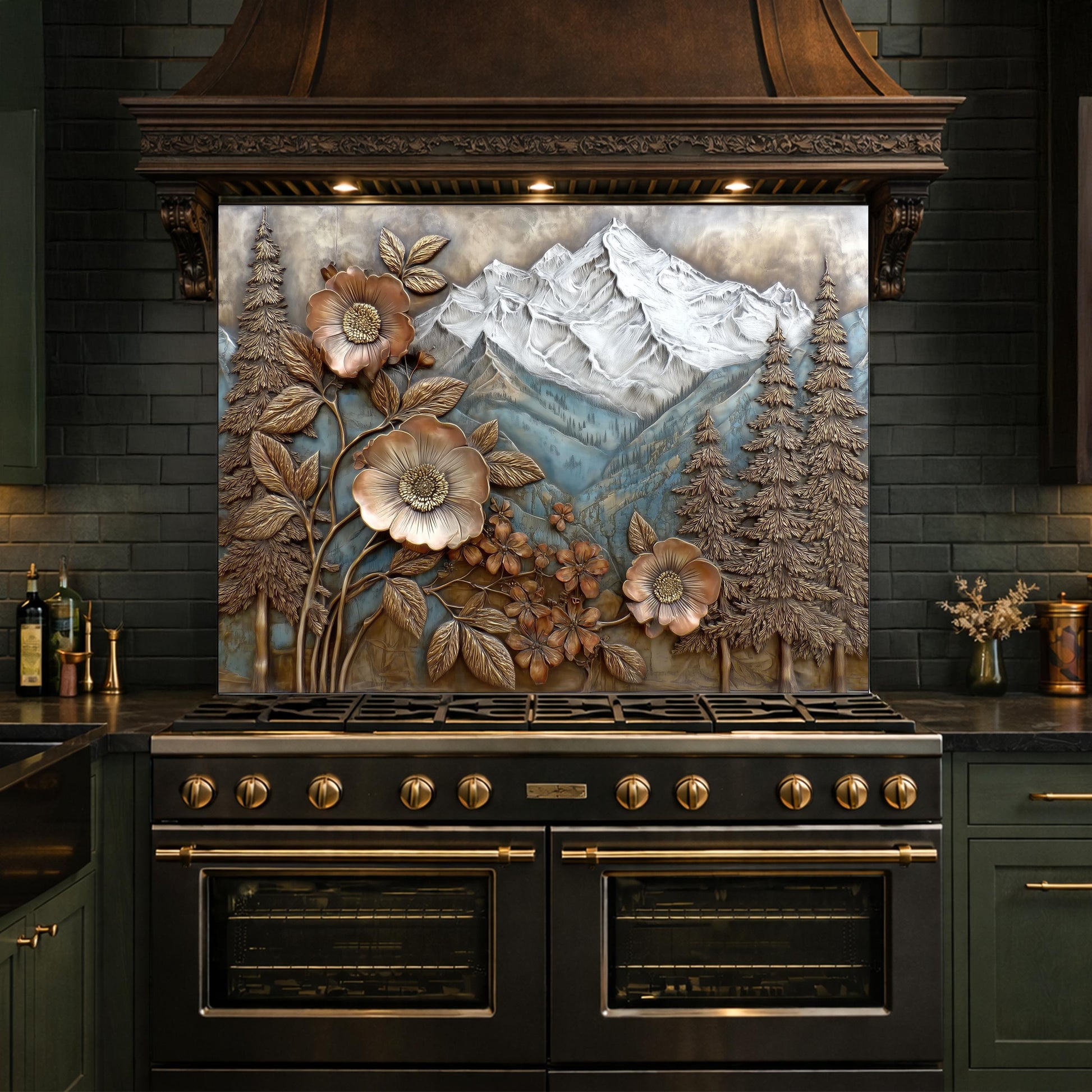 Alpine Peak Forest Backsplash, Copper Look Mountain and Flower Wall Panel, Custom Size