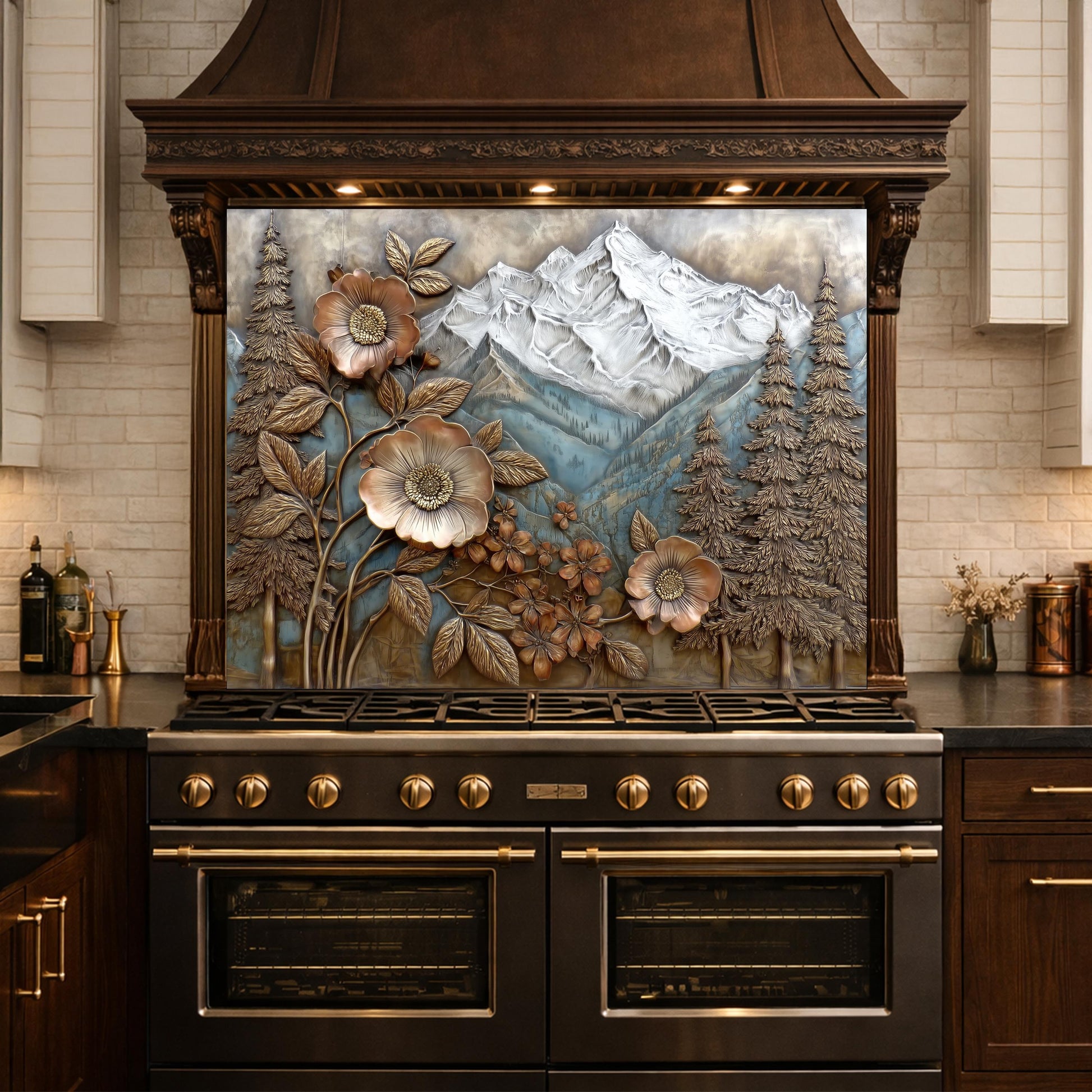 Alpine Peak Forest Backsplash, Copper Look Mountain and Flower Wall Panel, Custom Size