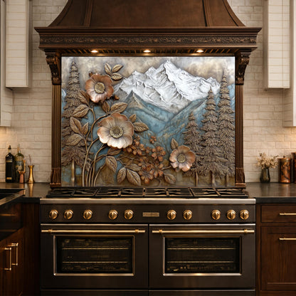 Alpine Peak Forest Backsplash, Copper Look Mountain and Flower Wall Panel, Custom Size