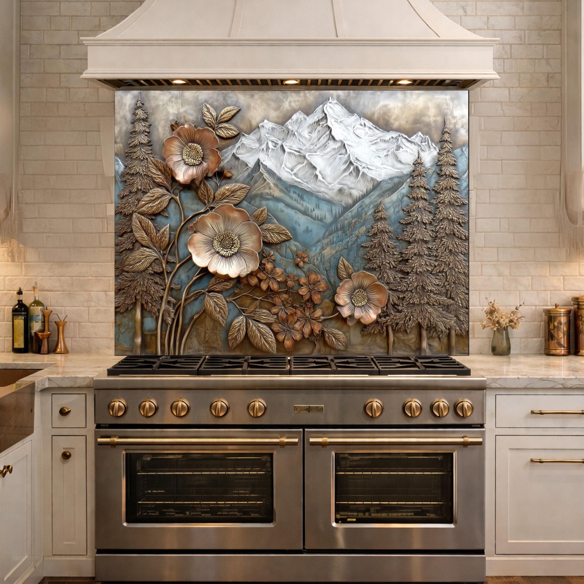 Alpine Peak Forest Backsplash, Copper Look Mountain and Flower Wall Panel, Custom Size