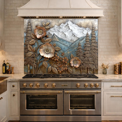 Alpine Peak Forest Backsplash, Copper Look Mountain and Flower Wall Panel, Custom Size