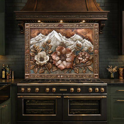 Alpine Peak Blossoms Backsplash, Copper Look Mountain and Flower Wall Panel, Custom Size