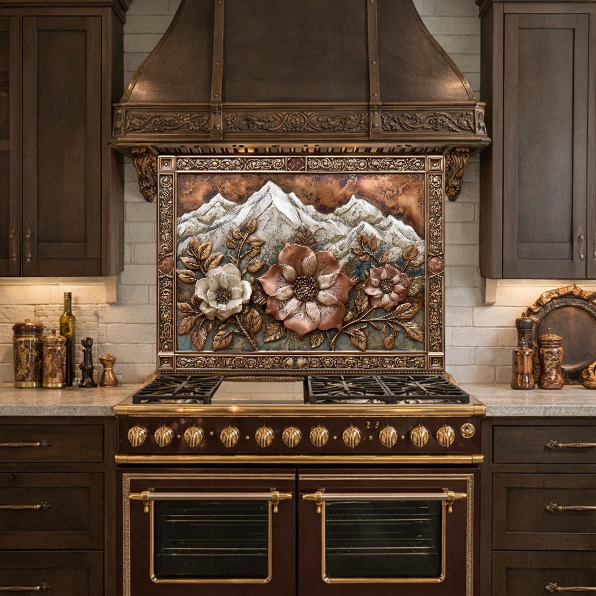Alpine Peak Blossoms Backsplash, Copper Look Mountain and Flower Wall Panel, Custom Size