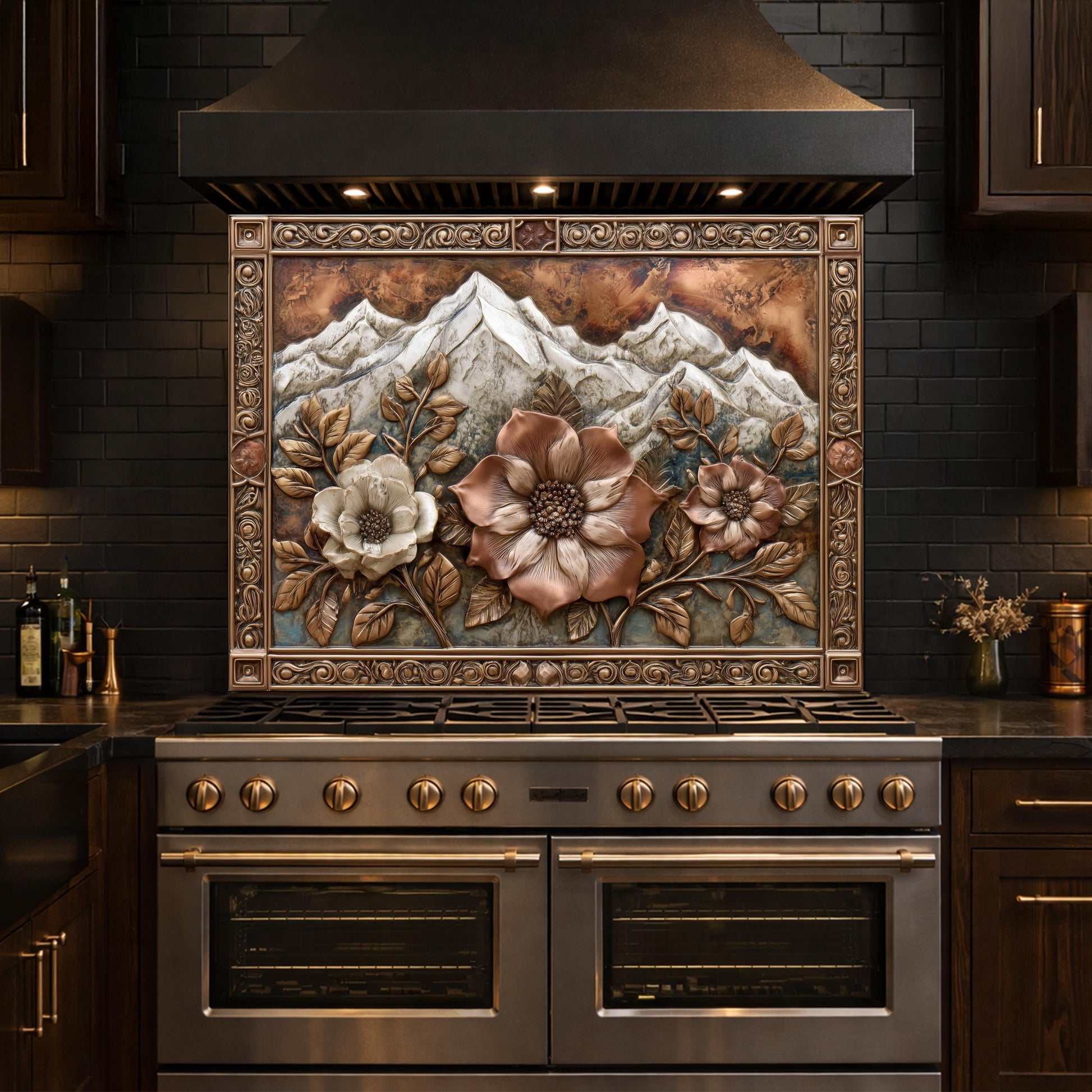 Alpine Peak Blossoms Backsplash, Copper Look Mountain and Flower Wall Panel, Custom Size