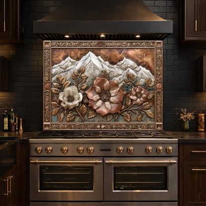 Alpine Peak Blossoms Backsplash, Copper Look Mountain and Flower Wall Panel, Custom Size