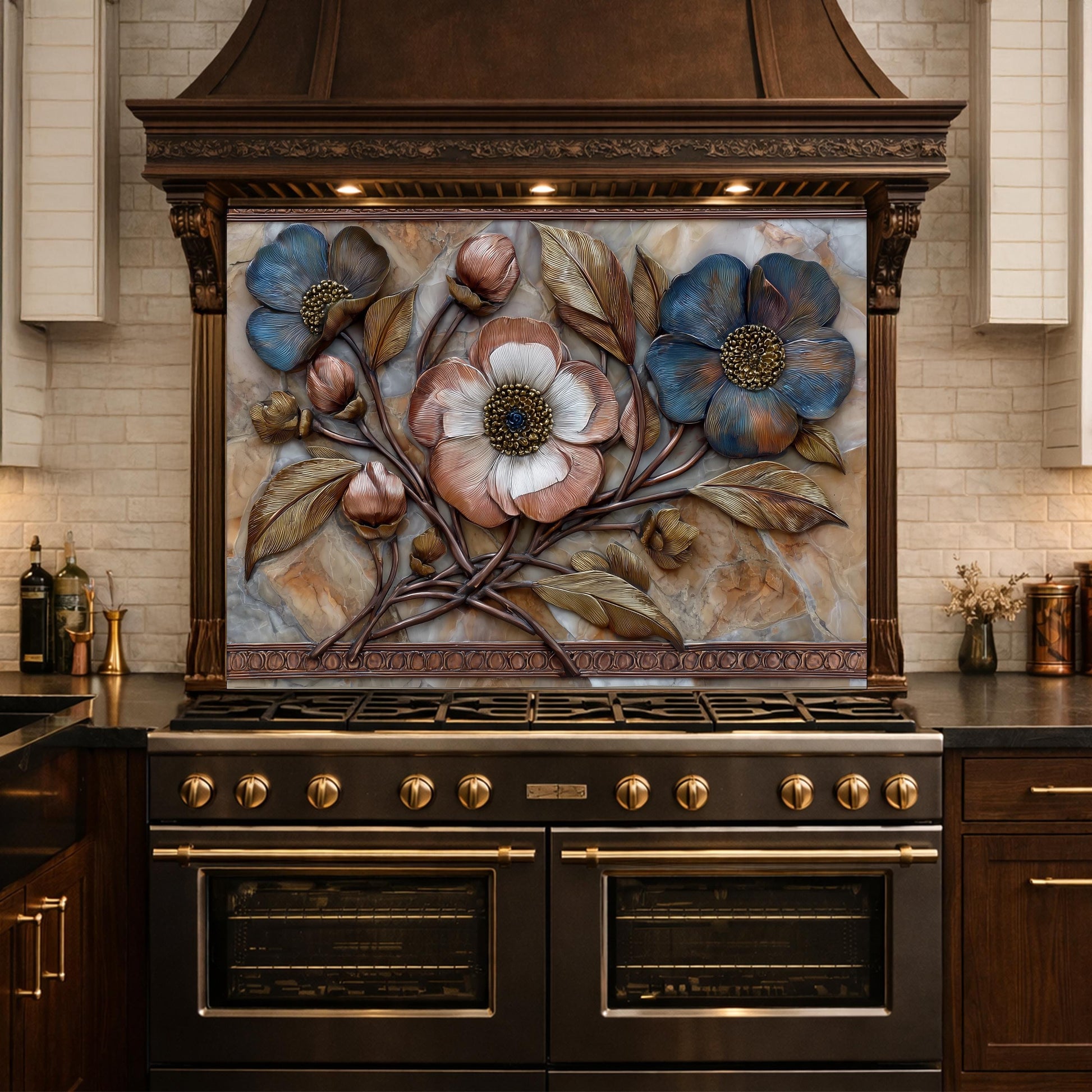 Blue and Copper Floral Backsplash, Metallic Blossom Glass Wall Panel, Marble Texture Decor