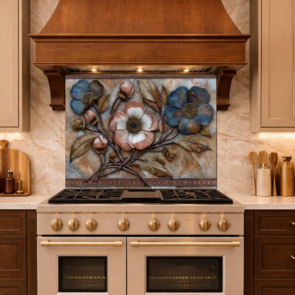 Blue and Copper Floral Backsplash, Metallic Blossom Glass Wall Panel, Marble Texture Decor