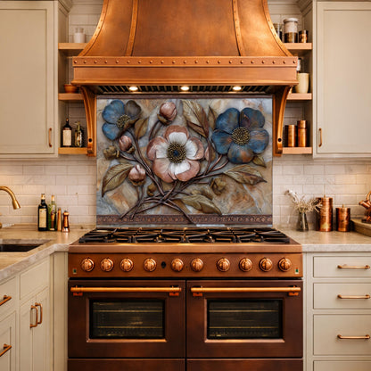 Blue and Copper Floral Backsplash, Metallic Blossom Glass Wall Panel, Marble Texture Decor
