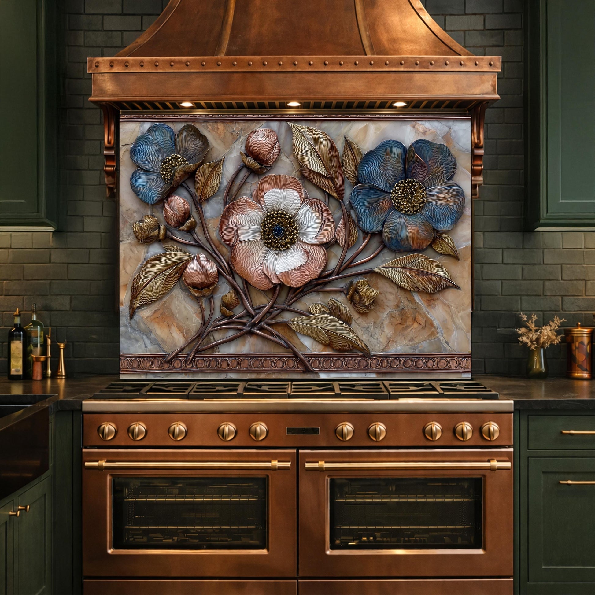 Blue and Copper Floral Backsplash, Metallic Blossom Glass Wall Panel, Marble Texture Decor