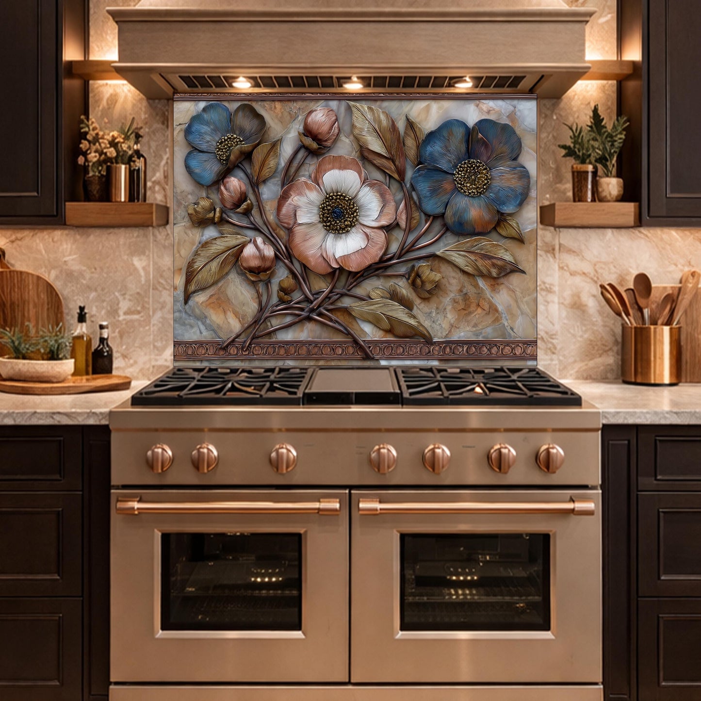 Blue and Copper Floral Backsplash, Metallic Blossom Glass Wall Panel, Marble Texture Decor