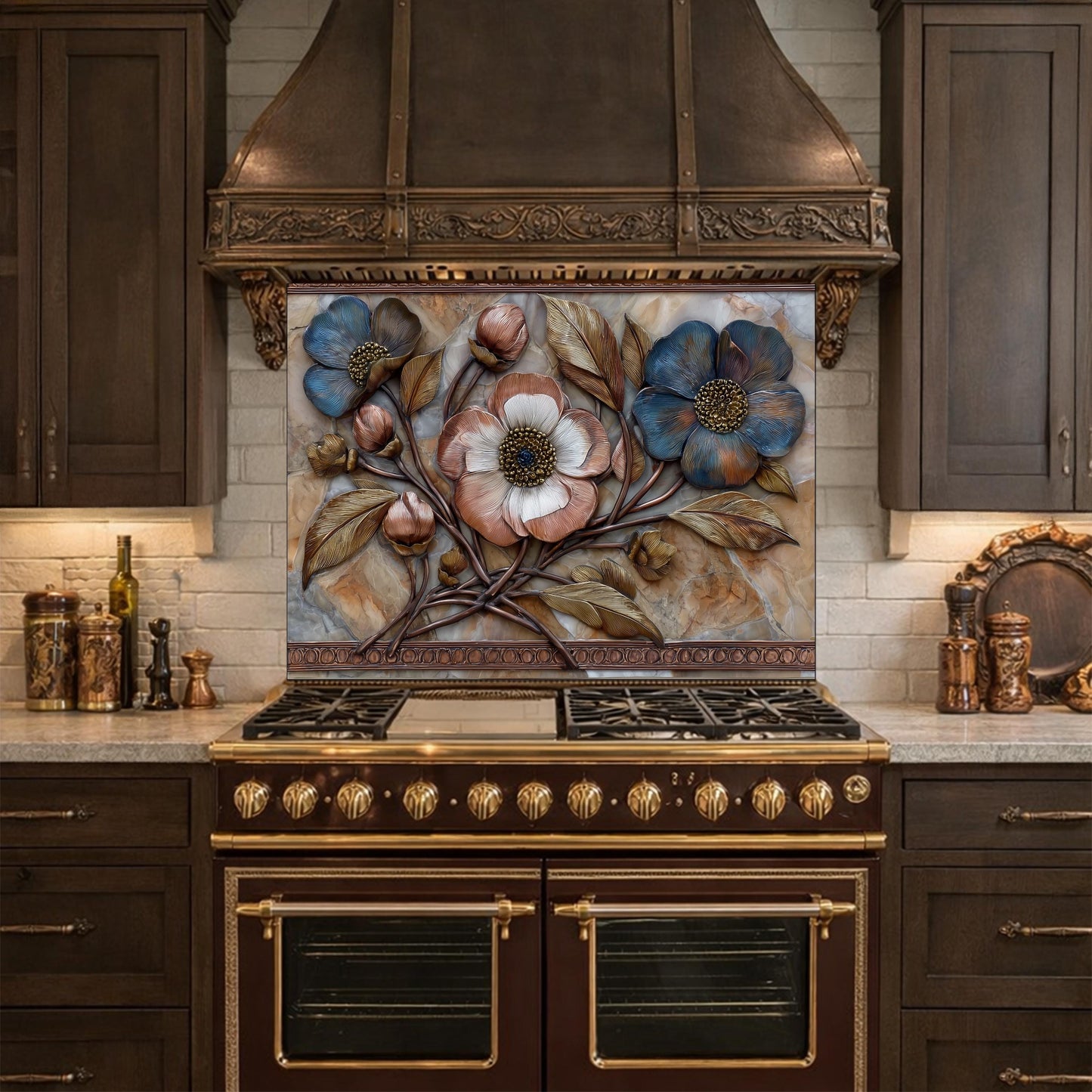 Blue and Copper Floral Backsplash, Metallic Blossom Glass Wall Panel, Marble Texture Decor