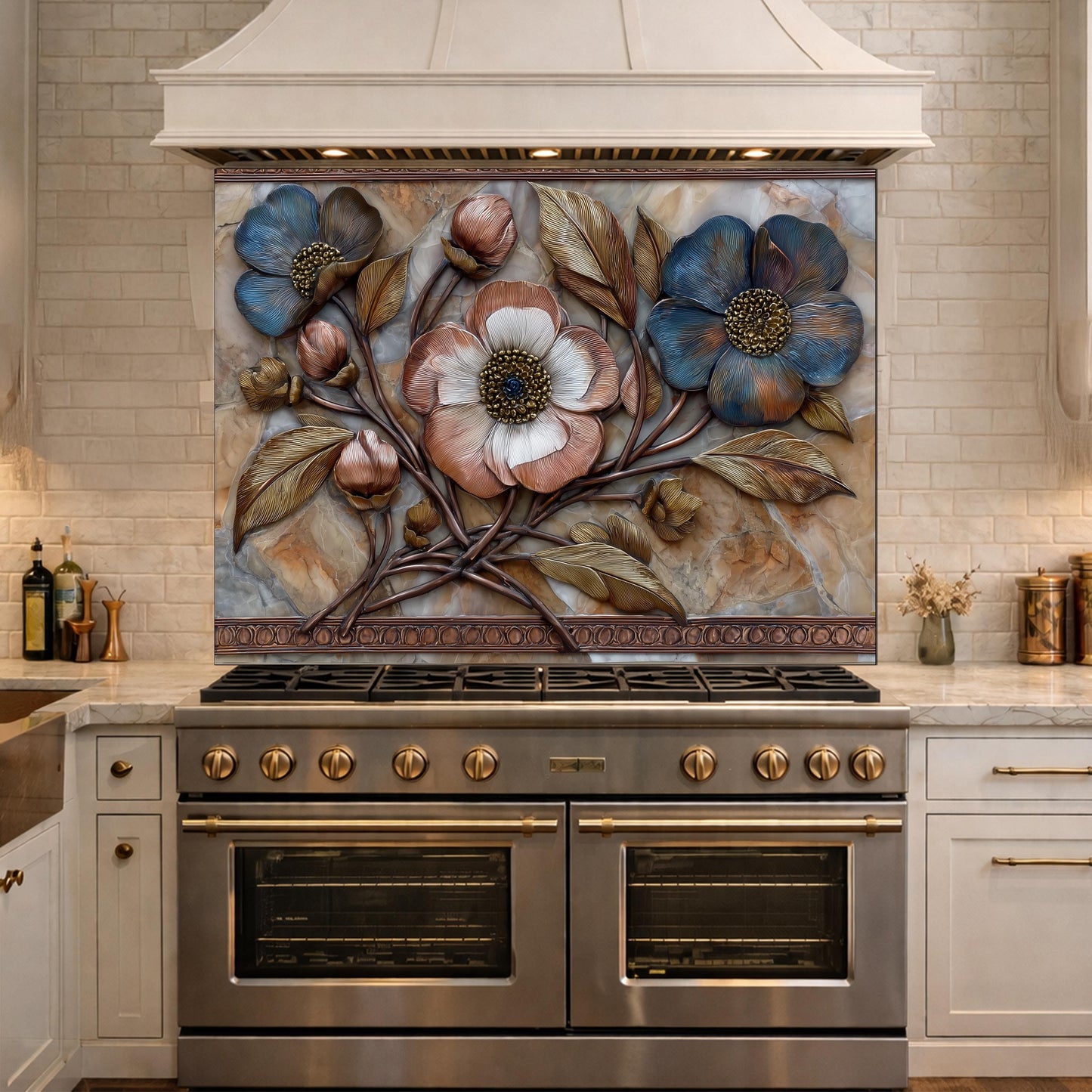 Blue and Copper Floral Backsplash, Metallic Blossom Glass Wall Panel, Marble Texture Decor