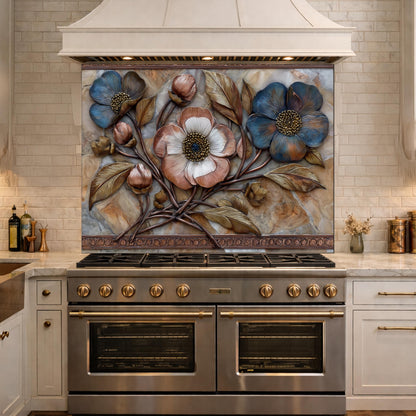 Blue and Copper Floral Backsplash, Metallic Blossom Glass Wall Panel, Marble Texture Decor