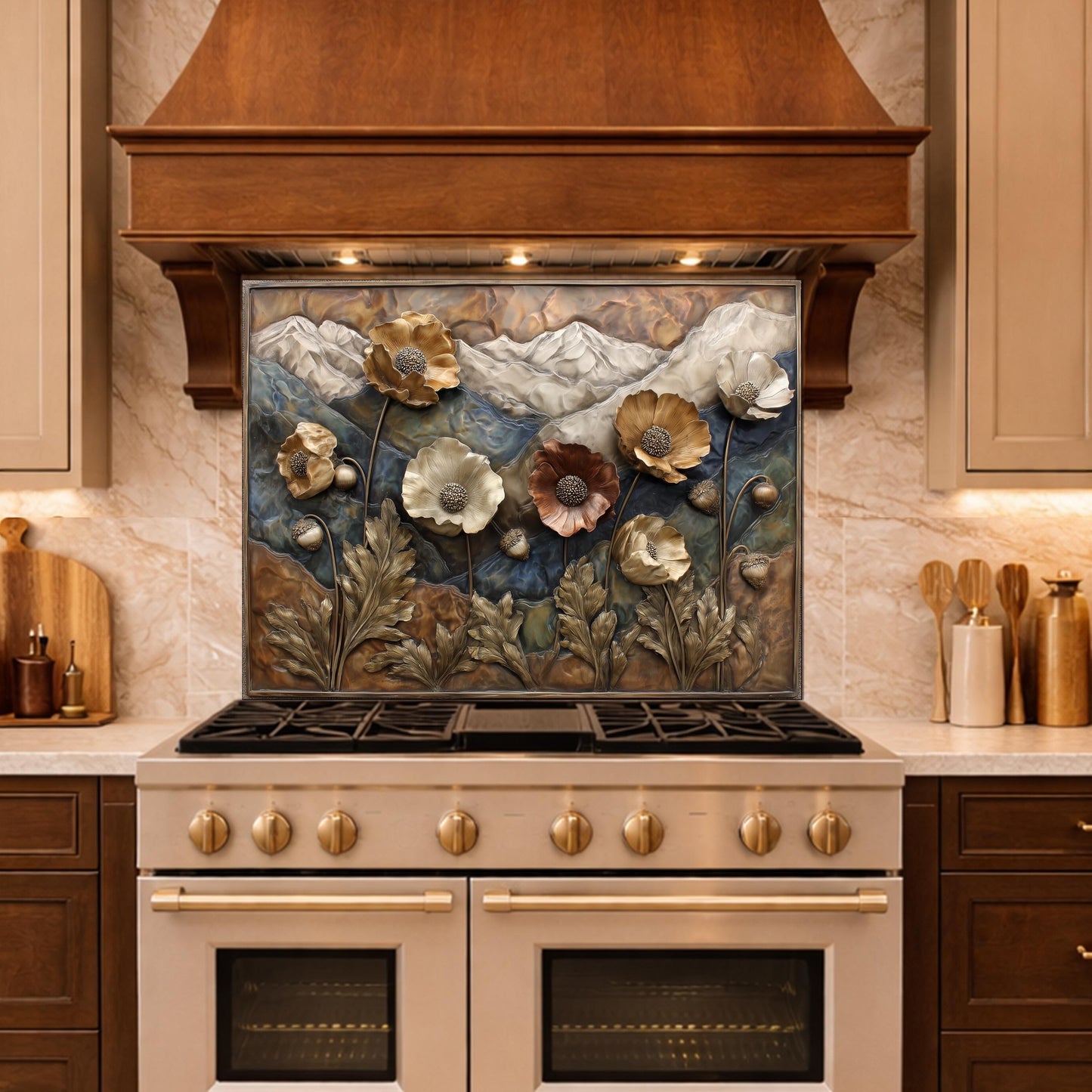 Alpine Poppies Tempered Glass Backsplash, Copper Look Mountain and Flower Wall Panel, Custom Size