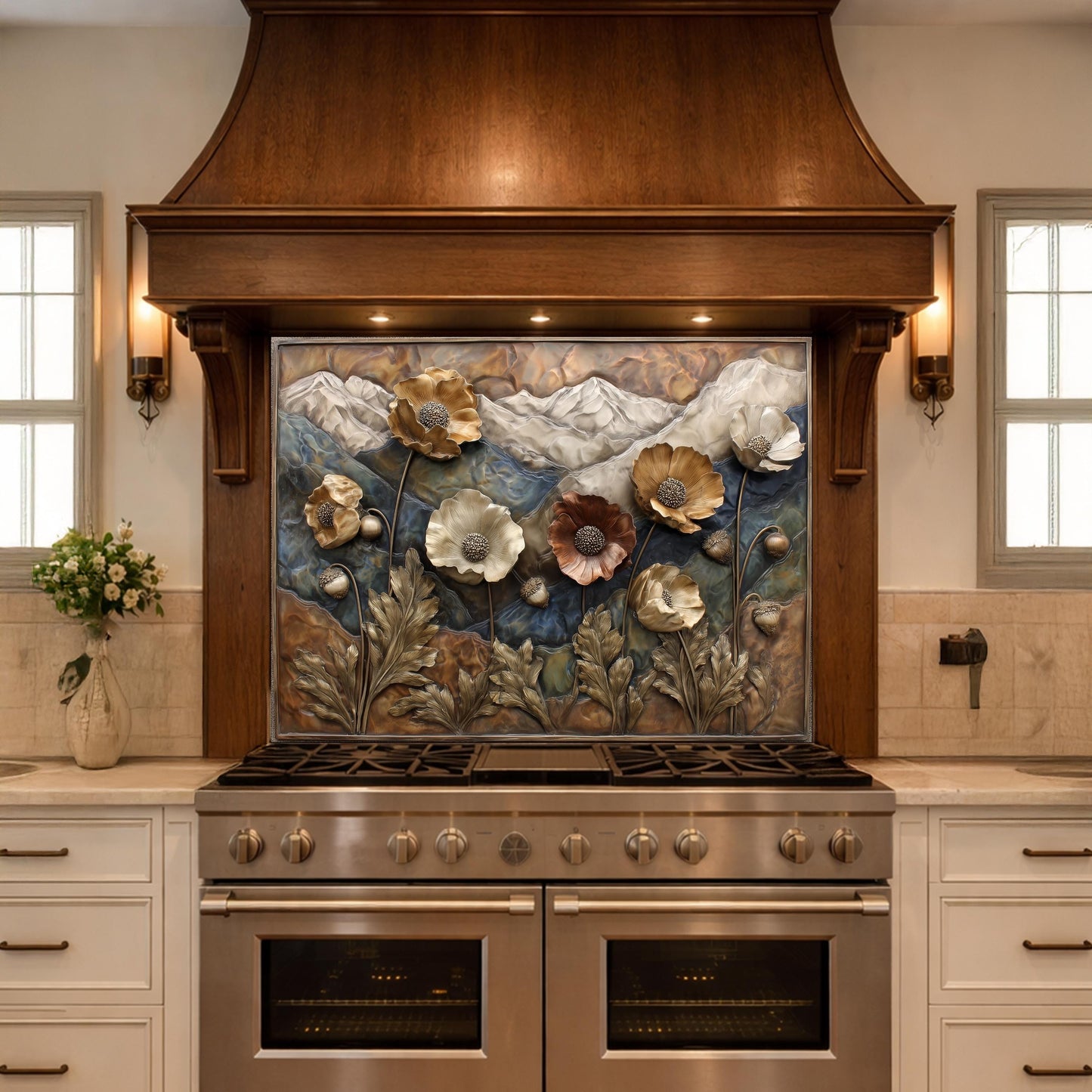 Alpine Poppies Tempered Glass Backsplash, Copper Look Mountain and Flower Wall Panel, Custom Size