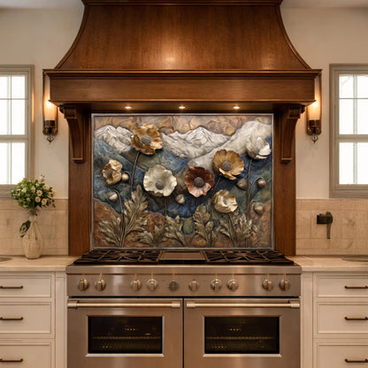 Alpine Poppies Tempered Glass Backsplash, Copper Look Mountain and Flower Wall Panel, Custom Size