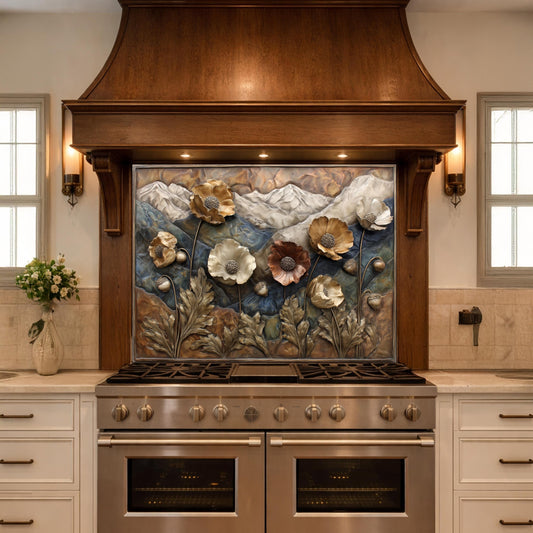 Alpine Poppies Tempered Glass Backsplash, Copper Look Mountain and Flower Wall Panel, Custom Size