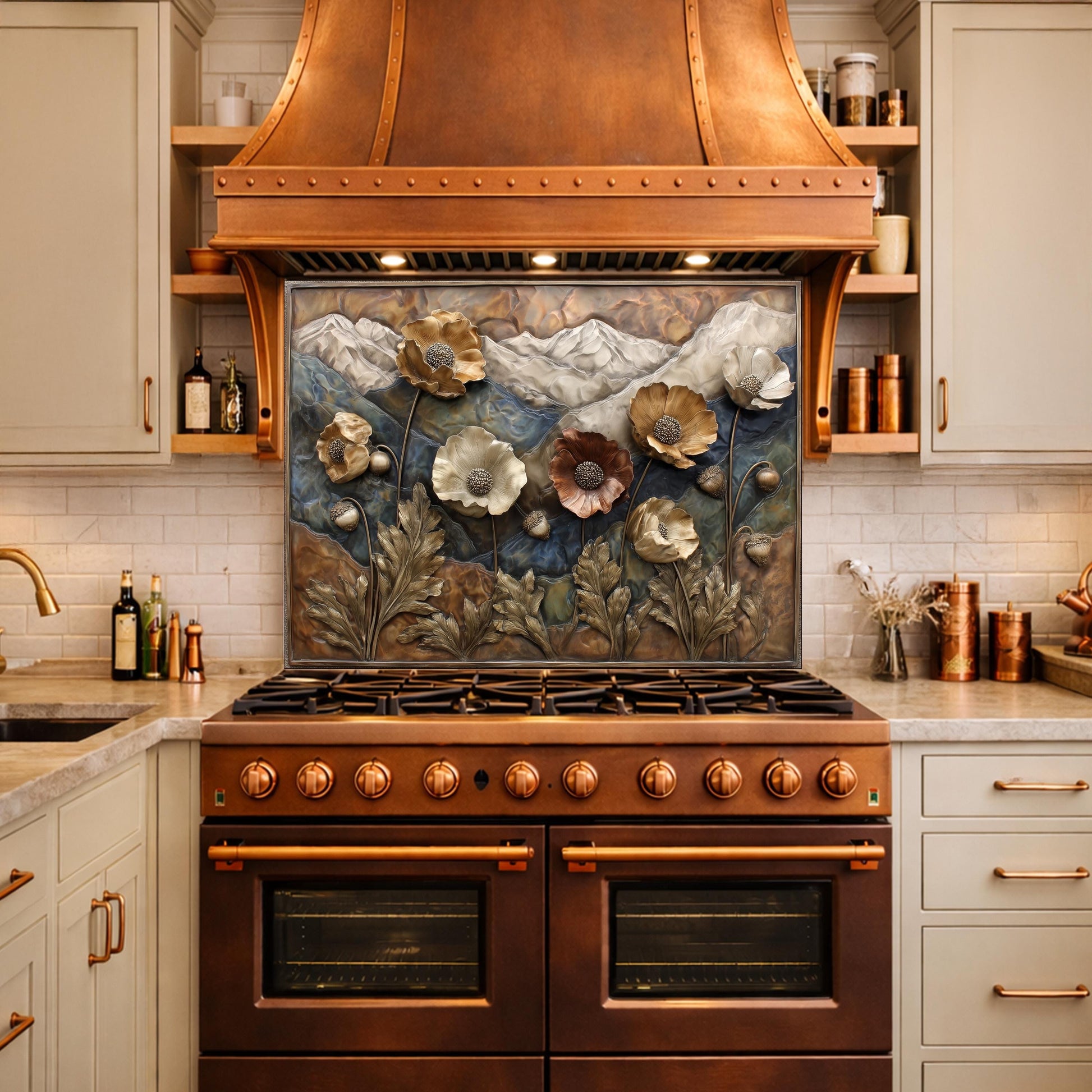 Alpine Poppies Tempered Glass Backsplash, Copper Look Mountain and Flower Wall Panel, Custom Size