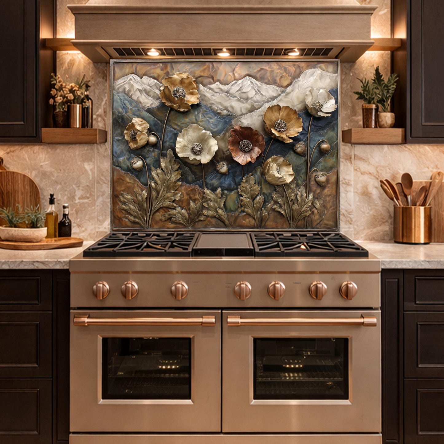Alpine Poppies Tempered Glass Backsplash, Copper Look Mountain and Flower Wall Panel, Custom Size