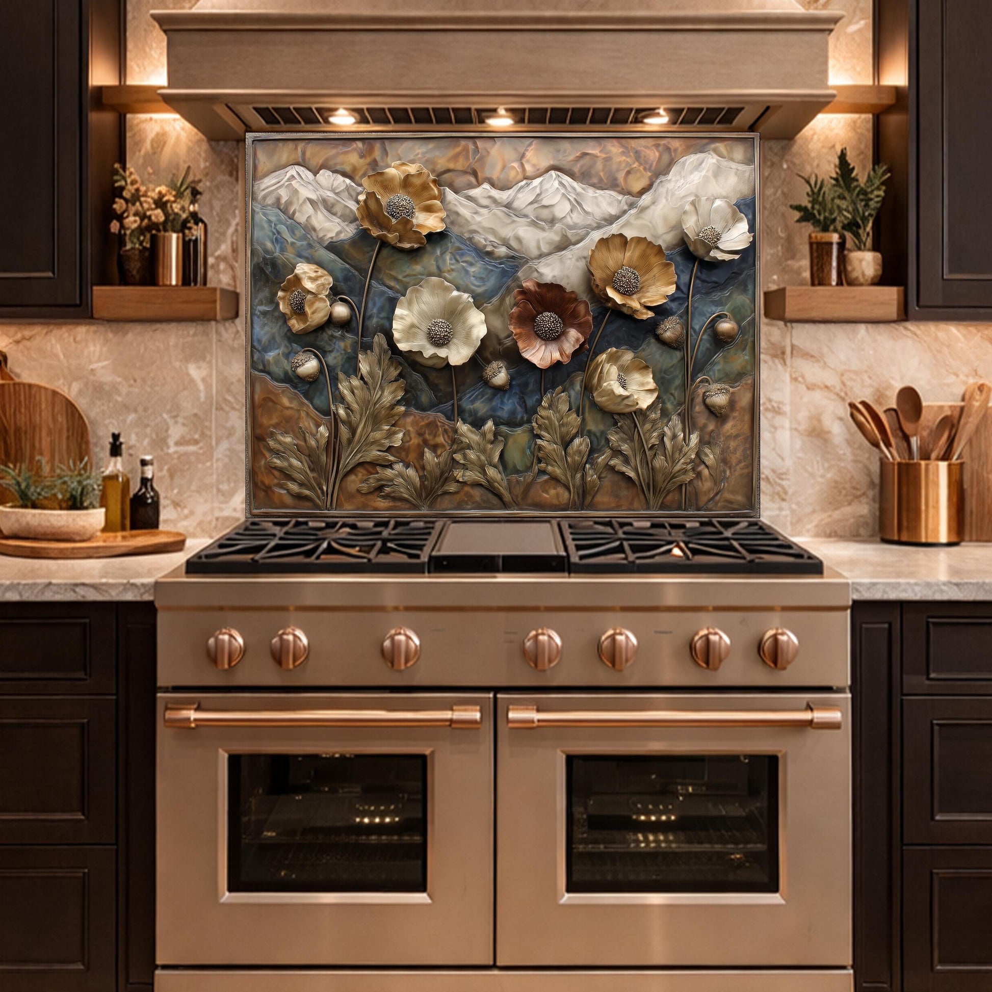 Alpine Poppies Tempered Glass Backsplash, Copper Look Mountain and Flower Wall Panel, Custom Size