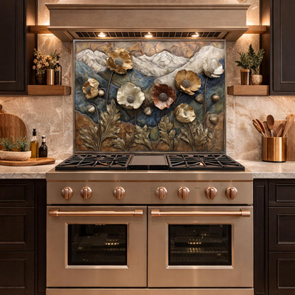 Alpine Poppies Tempered Glass Backsplash, Copper Look Mountain and Flower Wall Panel, Custom Size