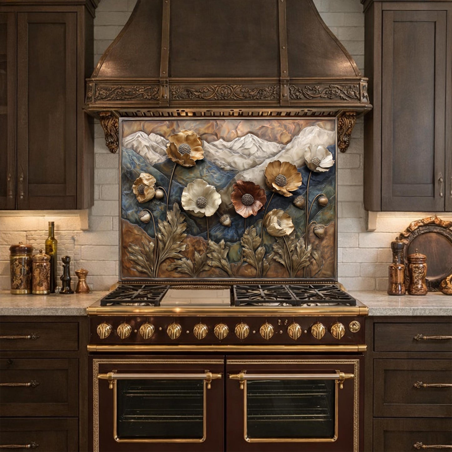 Alpine Poppies Tempered Glass Backsplash, Copper Look Mountain and Flower Wall Panel, Custom Size