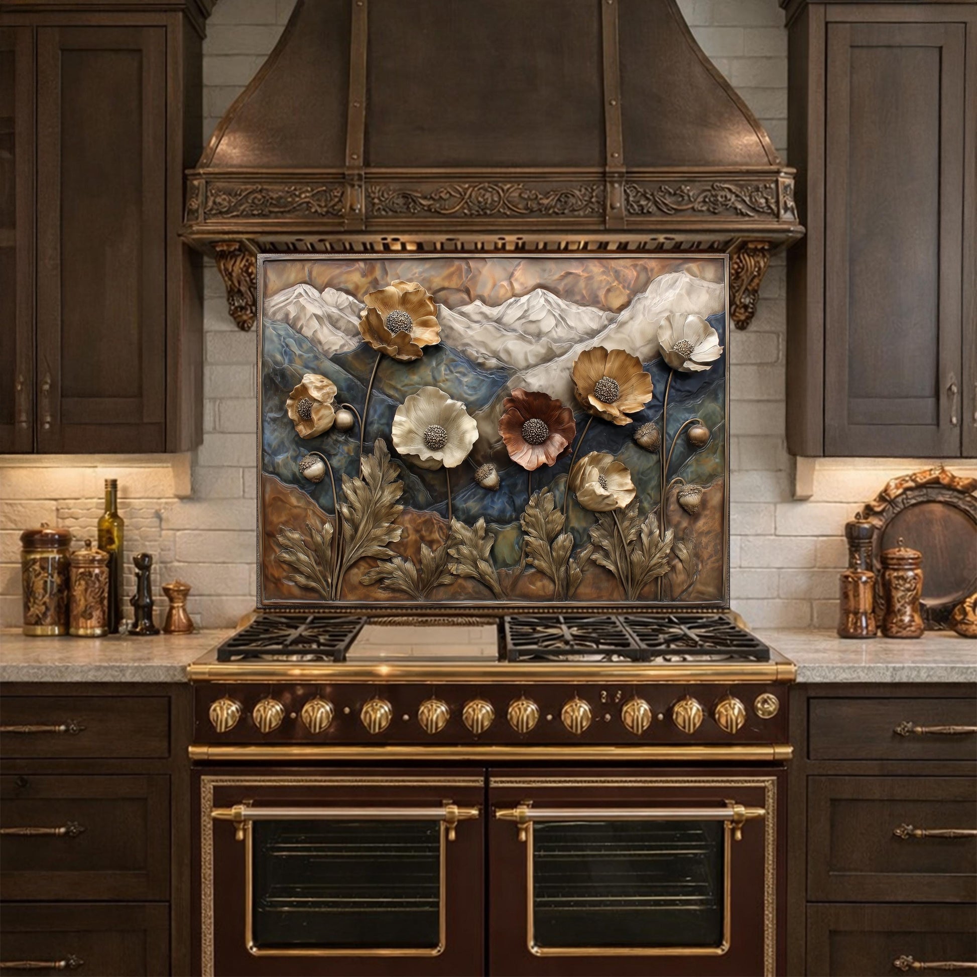 Alpine Poppies Tempered Glass Backsplash, Copper Look Mountain and Flower Wall Panel, Custom Size
