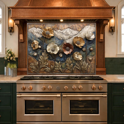 Alpine Poppies Tempered Glass Backsplash, Copper Look Mountain and Flower Wall Panel, Custom Size